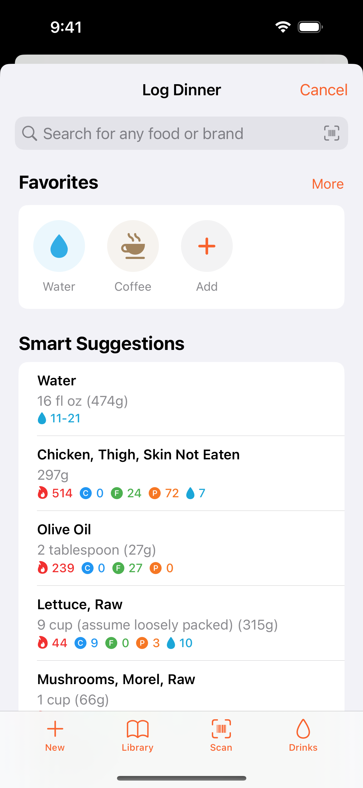 Screenshot of the Foodnoms "Log Food" screen