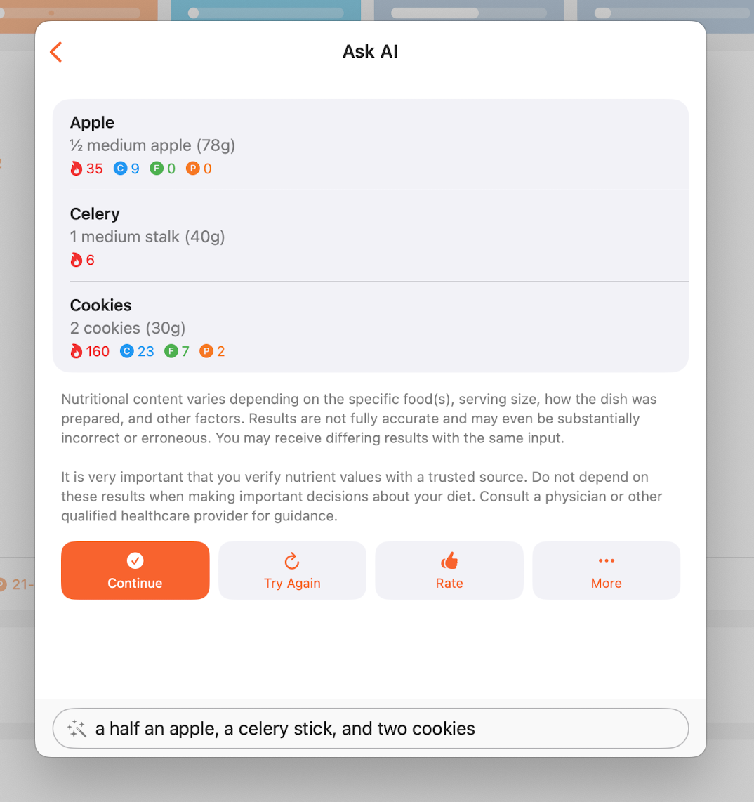 Screenshot of the Ask AI screen with query for a half an apple, stick of celery, and two cookies